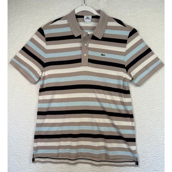Lacoste‎ Polo Shirt Mens Extra Large Striped Grey Black Cream Classic Fit Preppy - Picture 1 of 7
